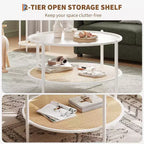 Table basse ronde Acekool Boho, plateau en verre ondulé de 30 po, rangement à 2 niveaux en rotin synthétique, cadre en métal