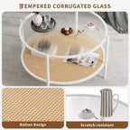 Table basse ronde Acekool Boho, plateau en verre ondulé de 30 po, rangement à 2 niveaux en rotin synthétique, cadre en métal