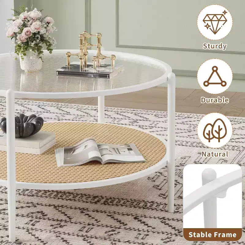 Table basse ronde Acekool Boho, plateau en verre ondulé de 30 po, rangement à 2 niveaux en rotin synthétique, cadre en métal