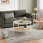Table basse ronde Acekool Boho, plateau en verre ondulé de 30 po, rangement à 2 niveaux en rotin synthétique, cadre en métal