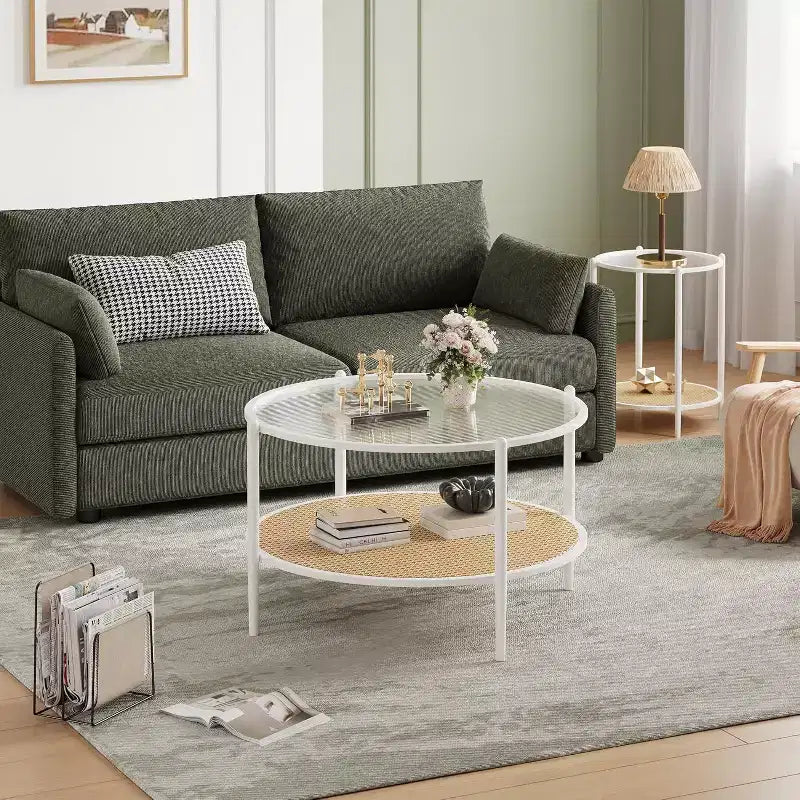 Table basse ronde Acekool Boho, plateau en verre ondulé de 30 po, rangement à 2 niveaux en rotin synthétique, cadre en métal