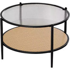 Table basse ronde Acekool Boho, plateau en verre ondulé de 30 po, rangement à 2 niveaux en rotin synthétique, cadre en métal