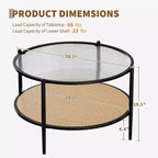 Table basse ronde Acekool Boho, plateau en verre ondulé de 30 po, rangement à 2 niveaux en rotin synthétique, cadre en métal