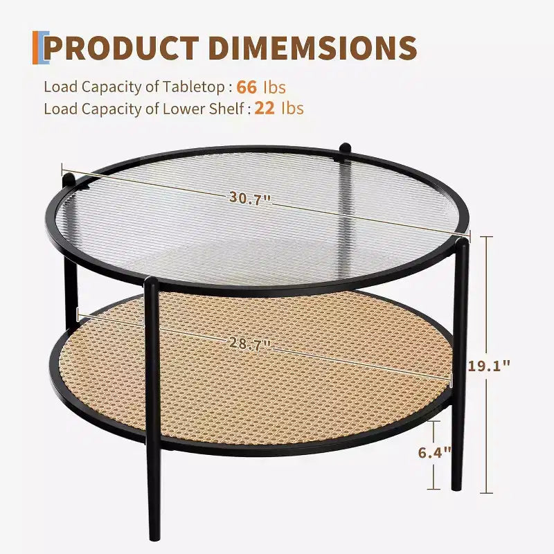Table basse ronde Acekool Boho, plateau en verre ondulé de 30 po, rangement à 2 niveaux en rotin synthétique, cadre en métal