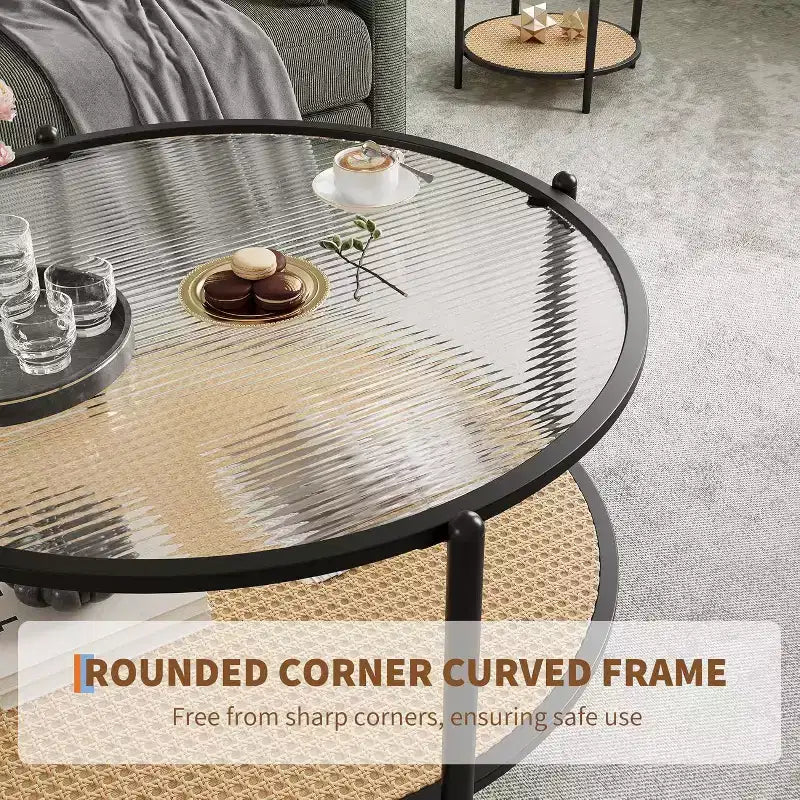 Table basse ronde Acekool Boho, plateau en verre ondulé de 30 po, rangement à 2 niveaux en rotin synthétique, cadre en métal
