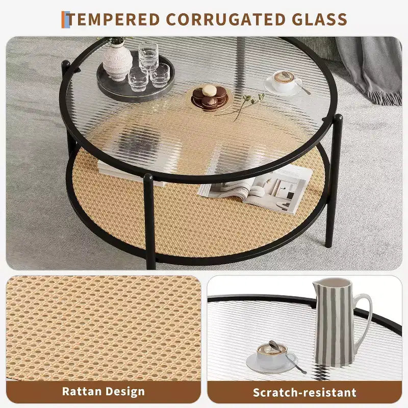 Table basse ronde Acekool Boho, plateau en verre ondulé de 30 po, rangement à 2 niveaux en rotin synthétique, cadre en métal
