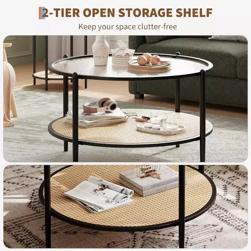 Table basse ronde Acekool Boho, plateau en verre ondulé de 30 po, rangement à 2 niveaux en rotin synthétique, cadre en métal