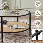 Table basse ronde Acekool Boho, plateau en verre ondulé de 30 po, rangement à 2 niveaux en rotin synthétique, cadre en métal