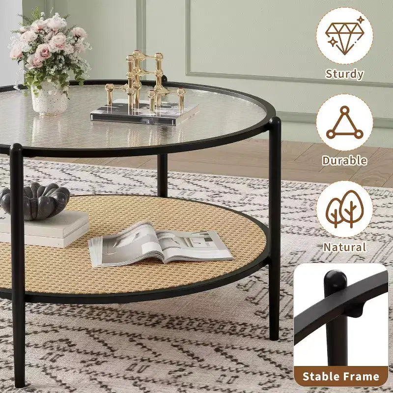 Table basse ronde Acekool Boho, plateau en verre ondulé de 30 po, rangement à 2 niveaux en rotin synthétique, cadre en métal