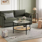 Table basse ronde Acekool Boho, plateau en verre ondulé de 30 po, rangement à 2 niveaux en rotin synthétique, cadre en métal