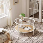 Table basse ronde Acekool Boho, plateau en verre ondulé de 30 po, rangement à 2 niveaux en rotin synthétique, cadre en métal