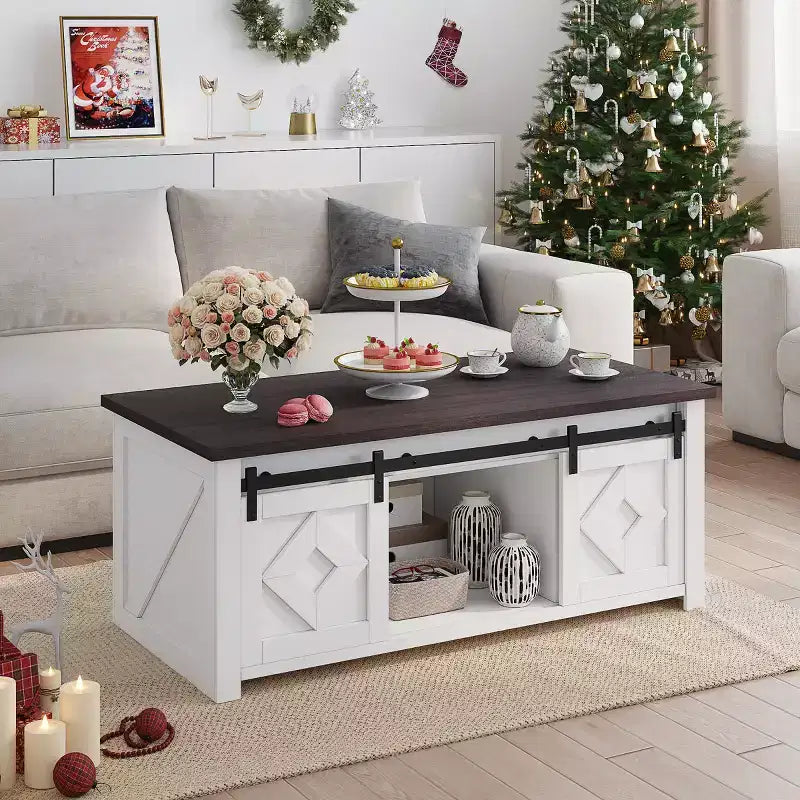 Table basse relevable de ferme EROMMY avec rangement et portes coulissantes de grange