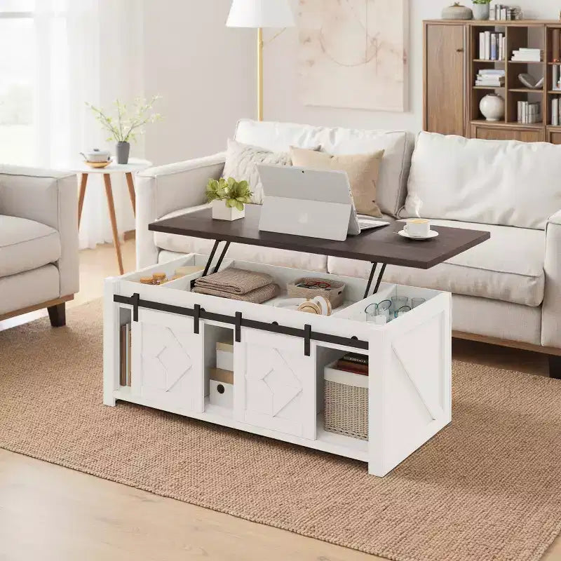 Table basse relevable de ferme EROMMY avec rangement et portes coulissantes de grange