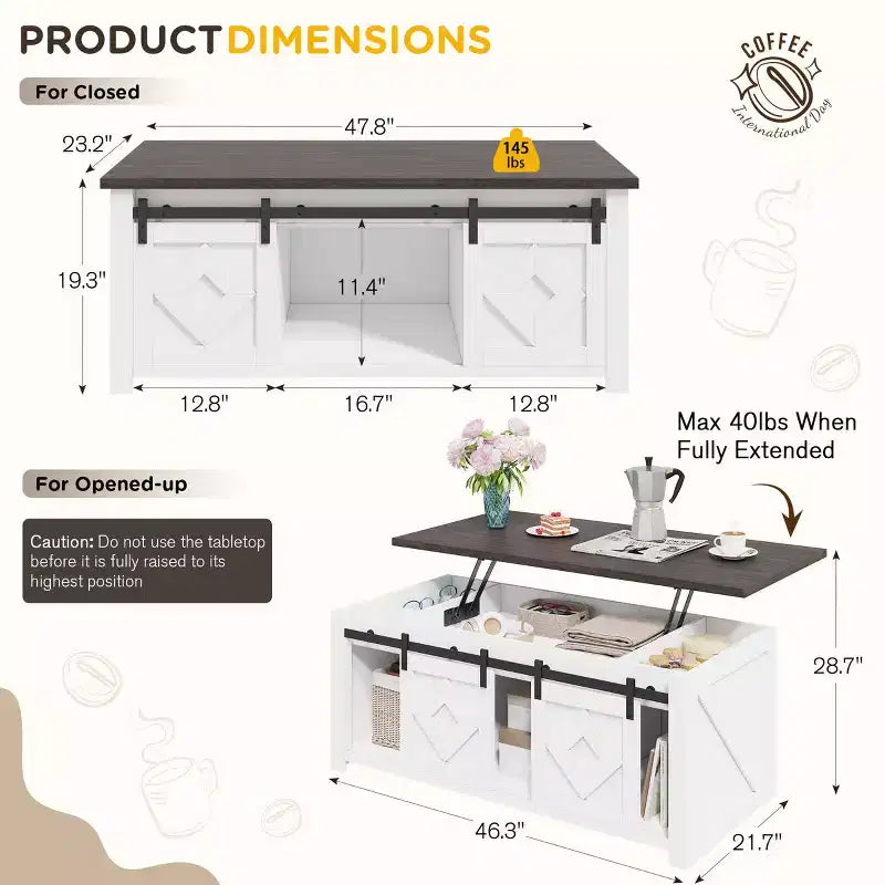 Table basse relevable de ferme EROMMY avec rangement et portes coulissantes de grange