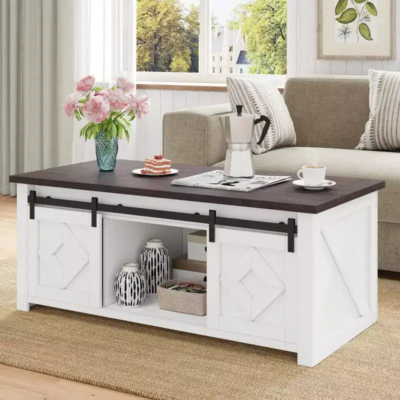 Table basse relevable de ferme EROMMY avec rangement et portes coulissantes de grange
