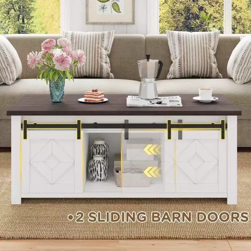 Table basse relevable de ferme EROMMY avec rangement et portes coulissantes de grange