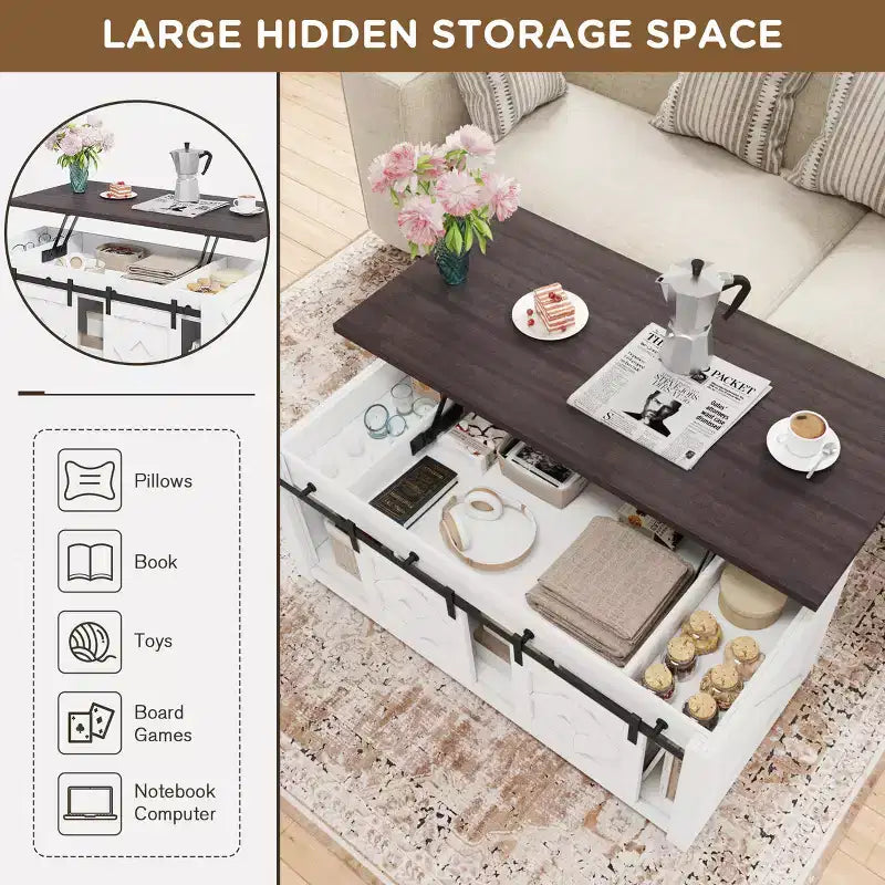 Table basse relevable de ferme EROMMY avec rangement et portes coulissantes de grange