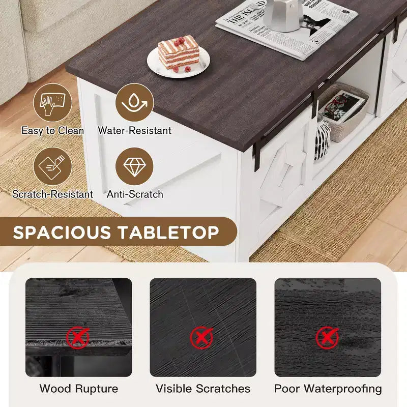 Table basse relevable de ferme EROMMY avec rangement et portes coulissantes de grange
