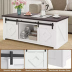 Table basse relevable de ferme EROMMY avec rangement et portes coulissantes de grange