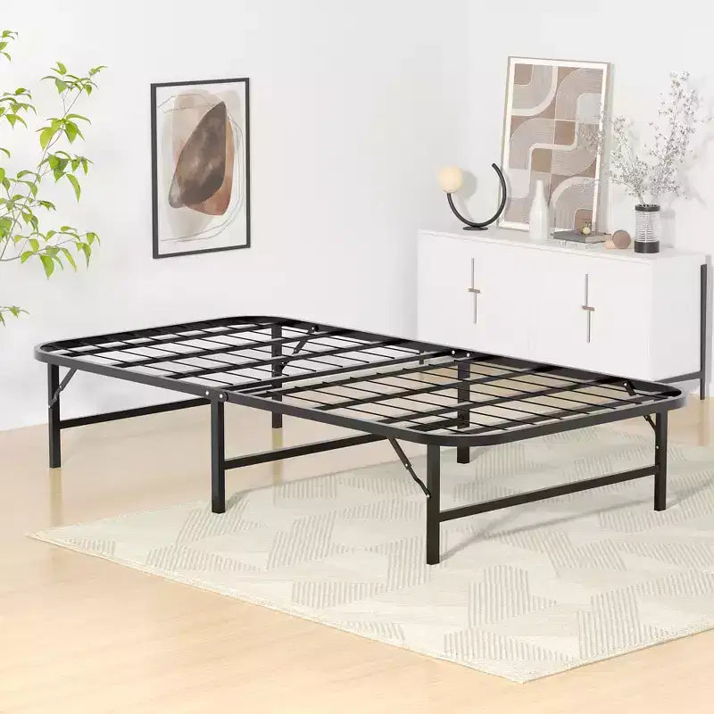 VECELO Cadre de lit pliable moderne Cadre de lit simple en métal pliable 14 pouces de hauteur, rangement sous le lit, montage facile, noir
