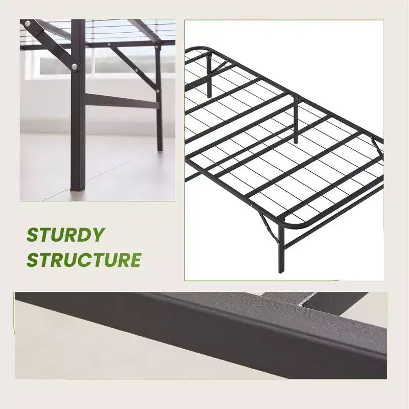 VECELO Cadre de lit pliable moderne Cadre de lit simple en métal pliable 14 pouces de hauteur, rangement sous le lit, montage facile, noir