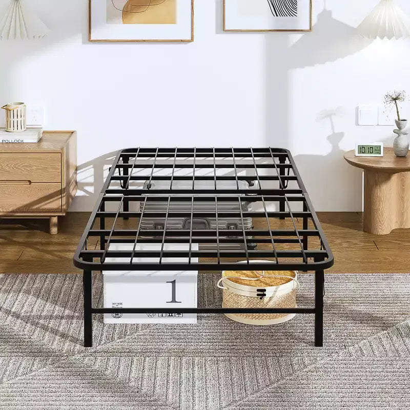 VECELO Cadre de lit pliable moderne Cadre de lit simple en métal pliable 14 pouces de hauteur, rangement sous le lit, montage facile, noir