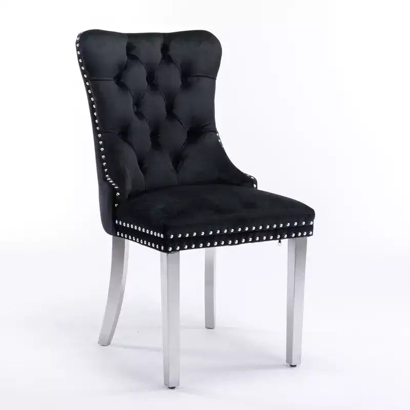 Ensemble de 2 chaises de salle à manger contemporaines en velours capitonné gris avec pieds en acier inoxydable chromé et garniture cloutée