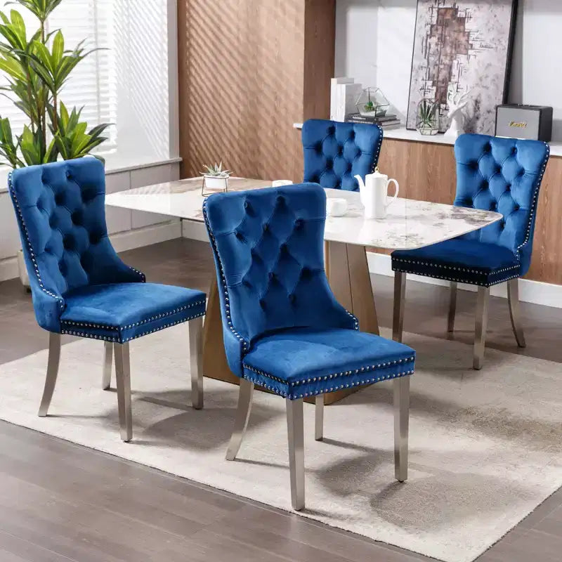 Ensemble de 2 chaises de salle à manger contemporaines en velours capitonné gris avec pieds en acier inoxydable chromé et garniture cloutée