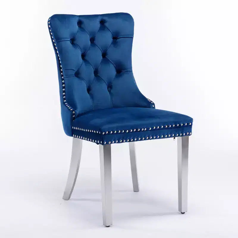 Ensemble de 2 chaises de salle à manger contemporaines en velours capitonné gris avec pieds en acier inoxydable chromé et garniture cloutée