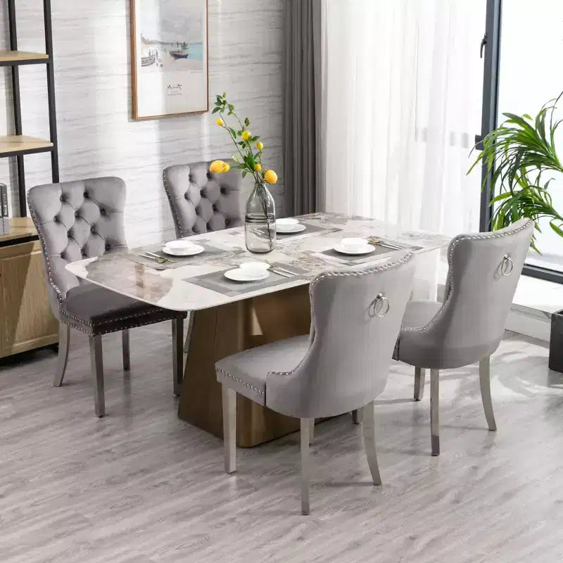 Ensemble de 2 chaises de salle à manger contemporaines en velours capitonné gris avec pieds en acier inoxydable chromé et garniture cloutée