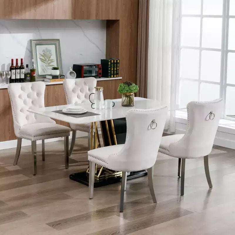 Ensemble de 2 chaises de salle à manger contemporaines en velours capitonné gris avec pieds en acier inoxydable chromé et garniture cloutée