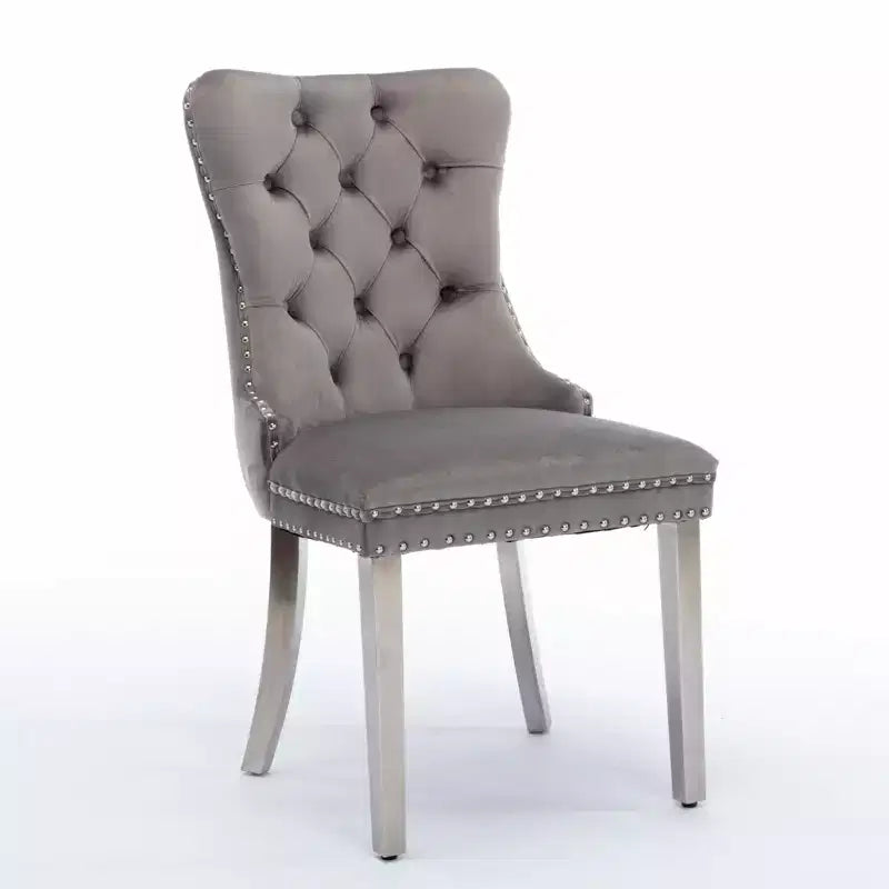 Ensemble de 2 chaises de salle à manger contemporaines en velours capitonné gris avec pieds en acier inoxydable chromé et garniture cloutée