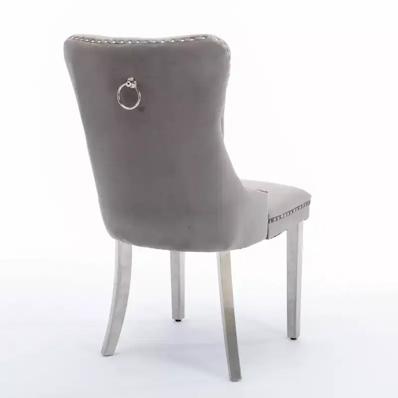 Ensemble de 2 chaises de salle à manger contemporaines en velours capitonné gris avec pieds en acier inoxydable chromé et garniture cloutée