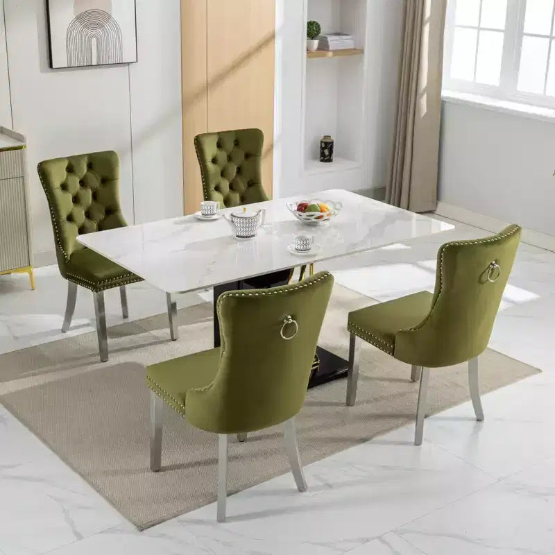 Ensemble de 2 chaises de salle à manger contemporaines en velours capitonné gris avec pieds en acier inoxydable chromé et garniture cloutée