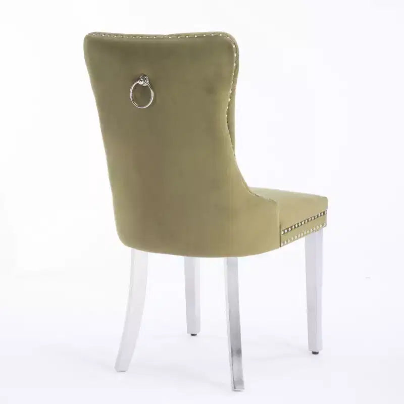 Ensemble de 2 chaises de salle à manger contemporaines en velours capitonné gris avec pieds en acier inoxydable chromé et garniture cloutée