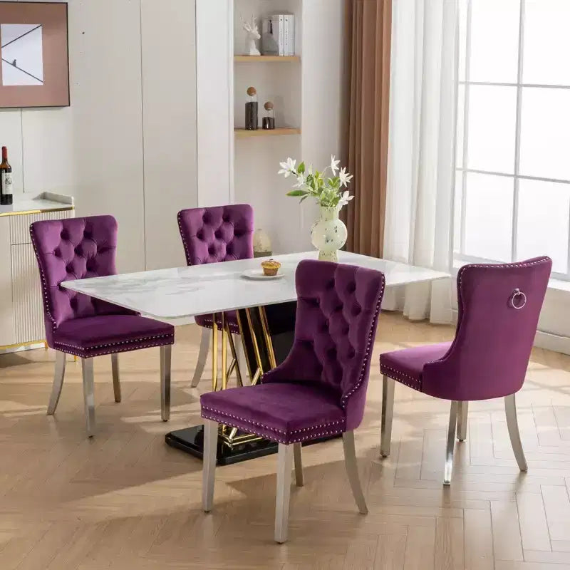 Ensemble de 2 chaises de salle à manger contemporaines en velours capitonné gris avec pieds en acier inoxydable chromé et garniture cloutée
