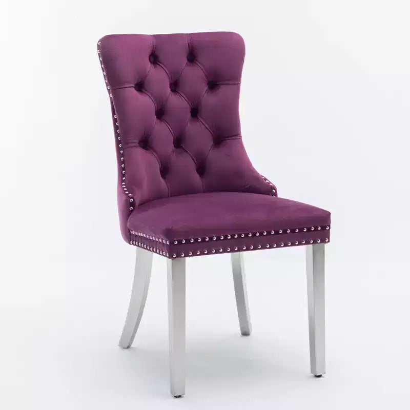 Ensemble de 2 chaises de salle à manger contemporaines en velours capitonné gris avec pieds en acier inoxydable chromé et garniture cloutée