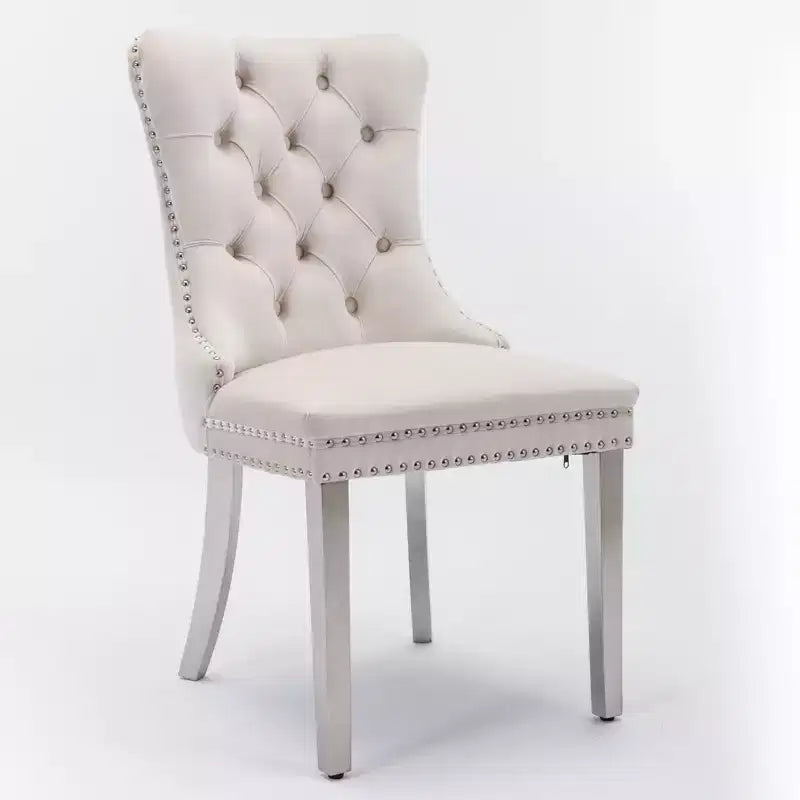Ensemble de 2 chaises de salle à manger contemporaines en velours capitonné gris avec pieds en acier inoxydable chromé et garniture cloutée