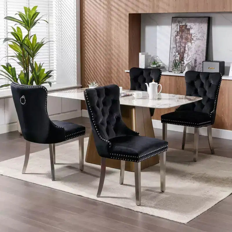 Ensemble de 2 chaises de salle à manger contemporaines en velours capitonné gris avec pieds en acier inoxydable chromé et garniture cloutée