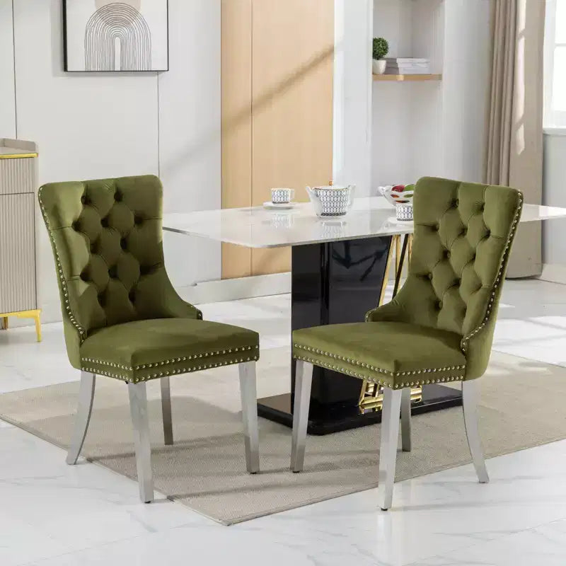 Ensemble de 2 chaises de salle à manger contemporaines en velours capitonné gris avec pieds en acier inoxydable chromé et garniture cloutée