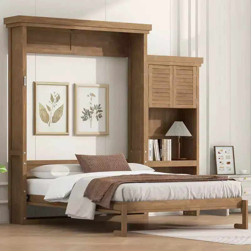 Lit escamotable grand lit (Queen Size) Whisen Wood avec plusieurs étagères de rangement et décorations à persiennes