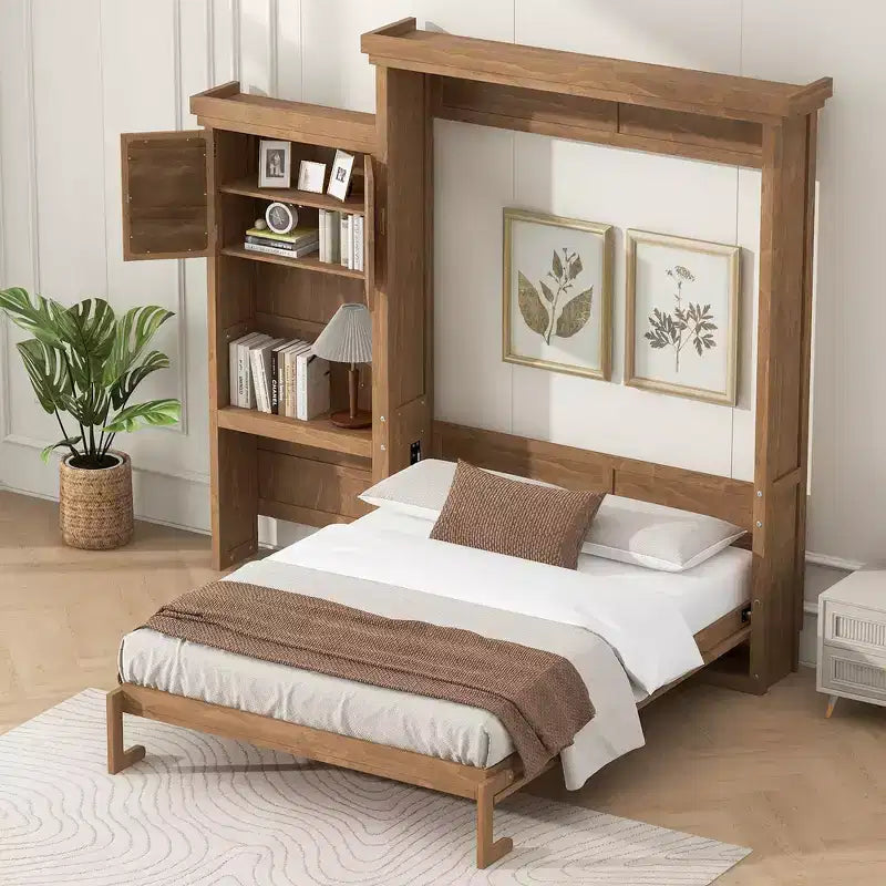 Lit escamotable grand lit (Queen Size) Whisen Wood avec plusieurs étagères de rangement et décorations à persiennes