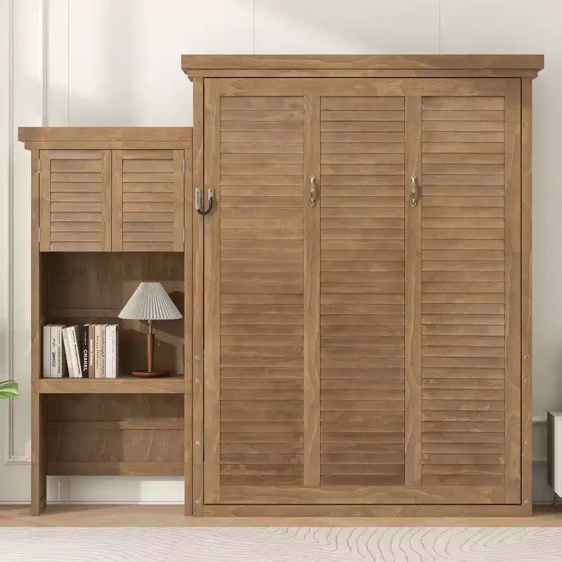 Lit escamotable grand lit (Queen Size) Whisen Wood avec plusieurs étagères de rangement et décorations à persiennes