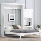 Lit escamotable grand lit (Queen Size) Whisen Wood avec plusieurs étagères de rangement et décorations à persiennes