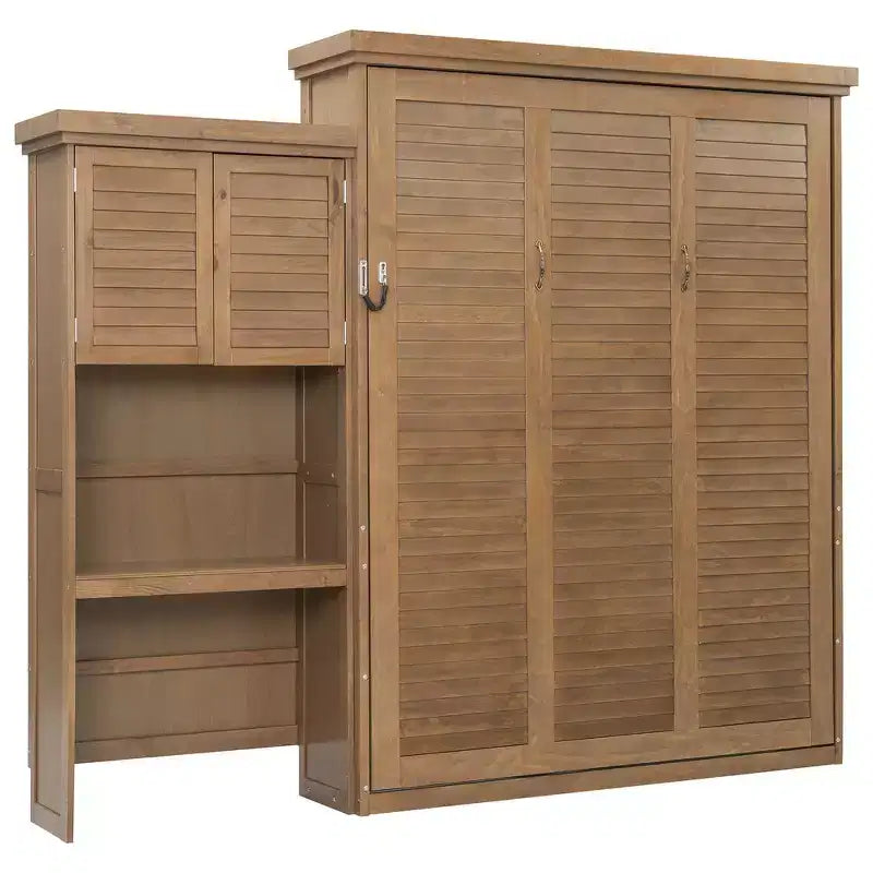 Lit escamotable grand lit (Queen Size) Whisen Wood avec plusieurs étagères de rangement et décorations à persiennes