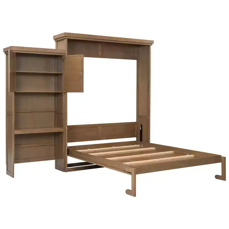 Lit escamotable grand lit (Queen Size) Whisen Wood avec plusieurs étagères de rangement et décorations à persiennes