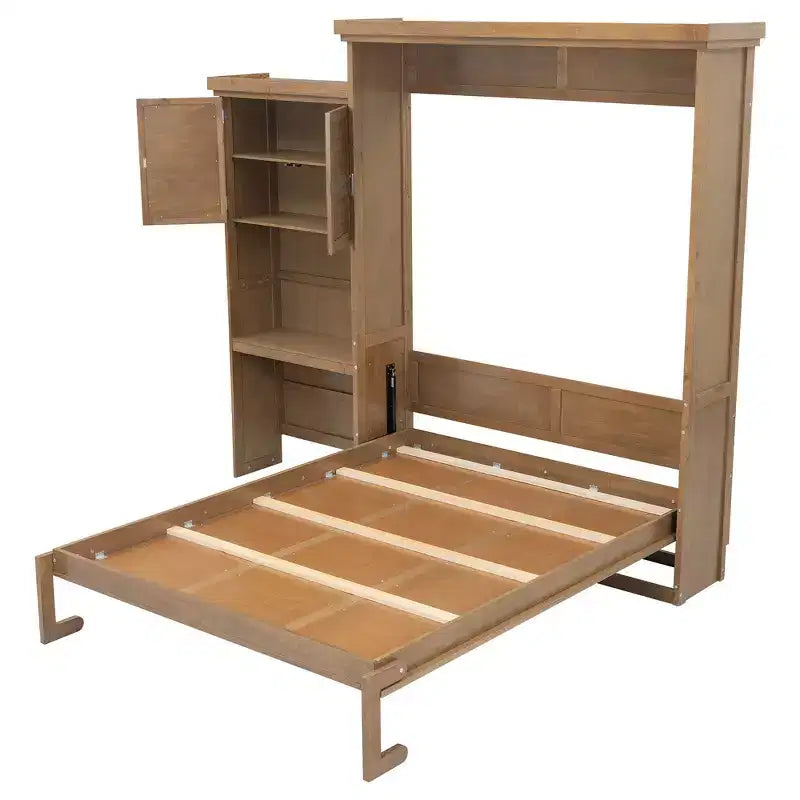 Lit escamotable grand lit (Queen Size) Whisen Wood avec plusieurs étagères de rangement et décorations à persiennes
