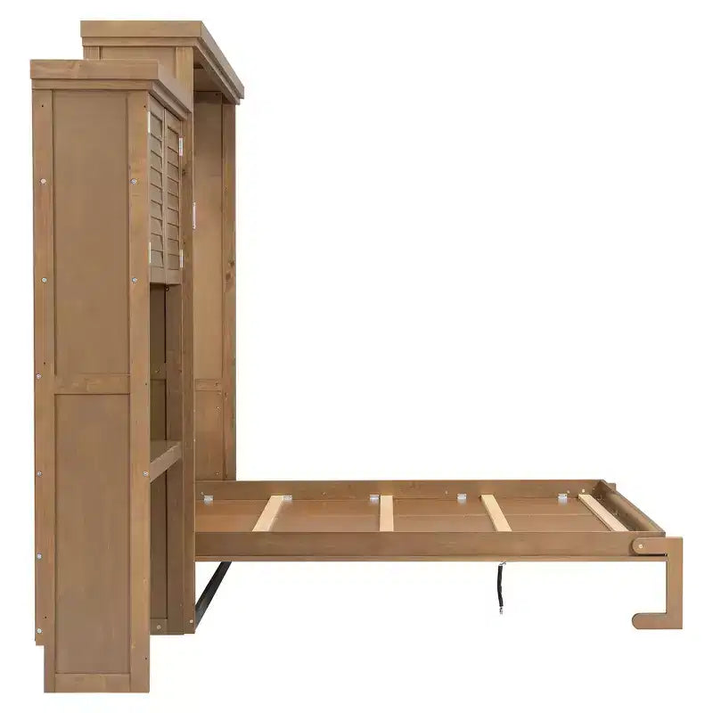 Lit escamotable grand lit (Queen Size) Whisen Wood avec plusieurs étagères de rangement et décorations à persiennes