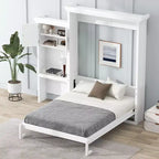 Lit escamotable grand lit (Queen Size) Whisen Wood avec plusieurs étagères de rangement et décorations à persiennes