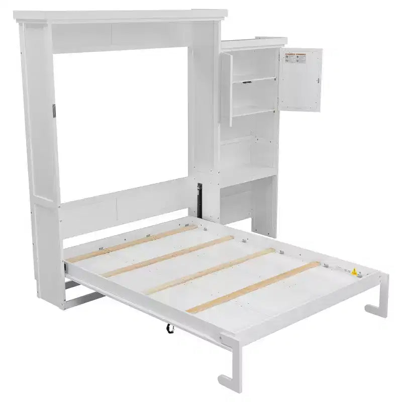 Lit escamotable grand lit (Queen Size) Whisen Wood avec plusieurs étagères de rangement et décorations à persiennes
